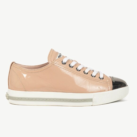 Miu Miu Nude Patent-Leather Cap-Toe Lace-Up Sneakers - Picture 1 of 12